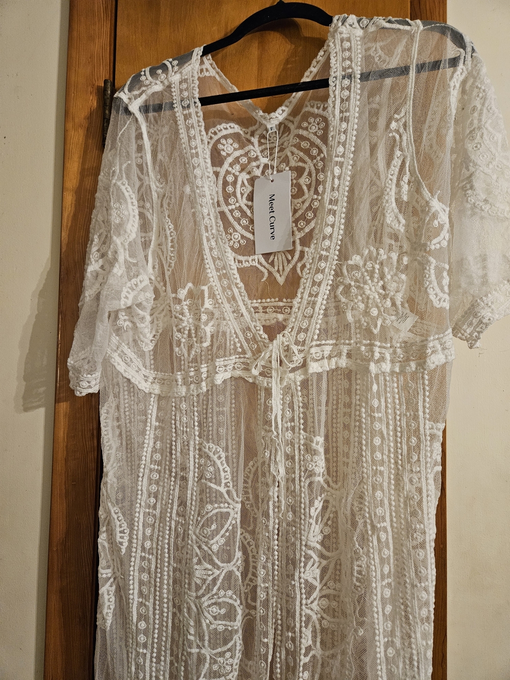 White Mesh Lace Swim Maxi Cover-Up with Embroidered Detail